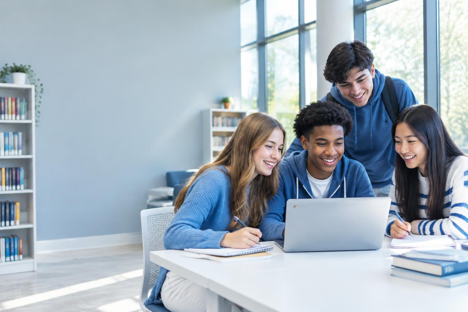 Students smiling as they work together in a bright school library